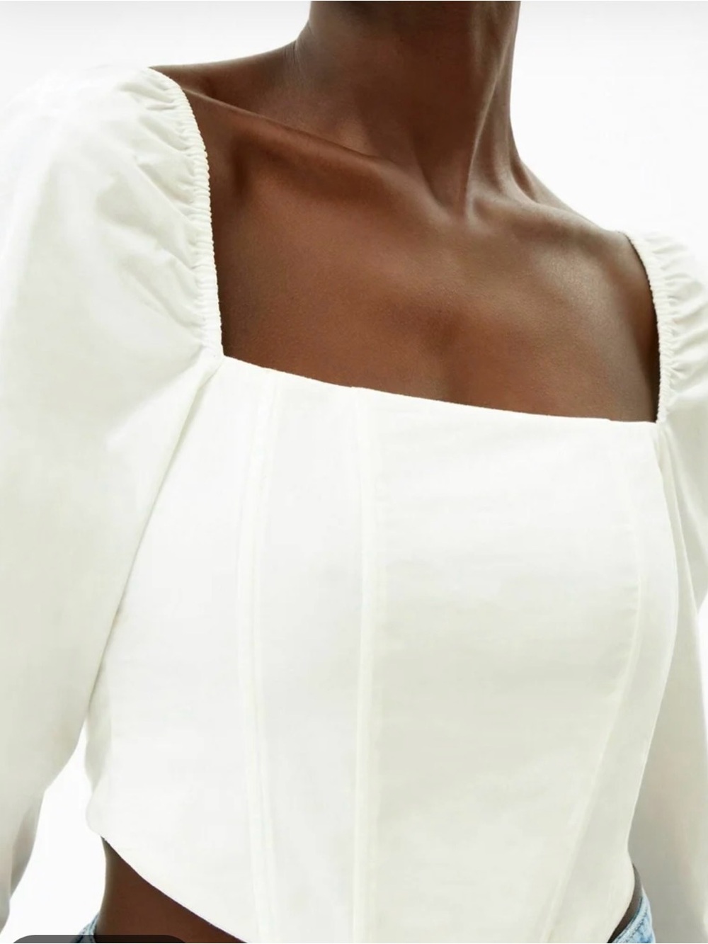 Bershka White Boning Corset Style‎ Long Sleeve Smocked Cropped Blouse Size M